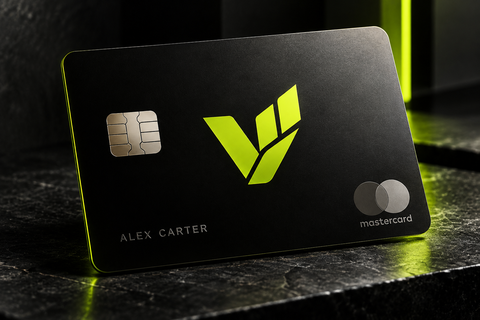 Black Valtix metal card with neon lime emblem